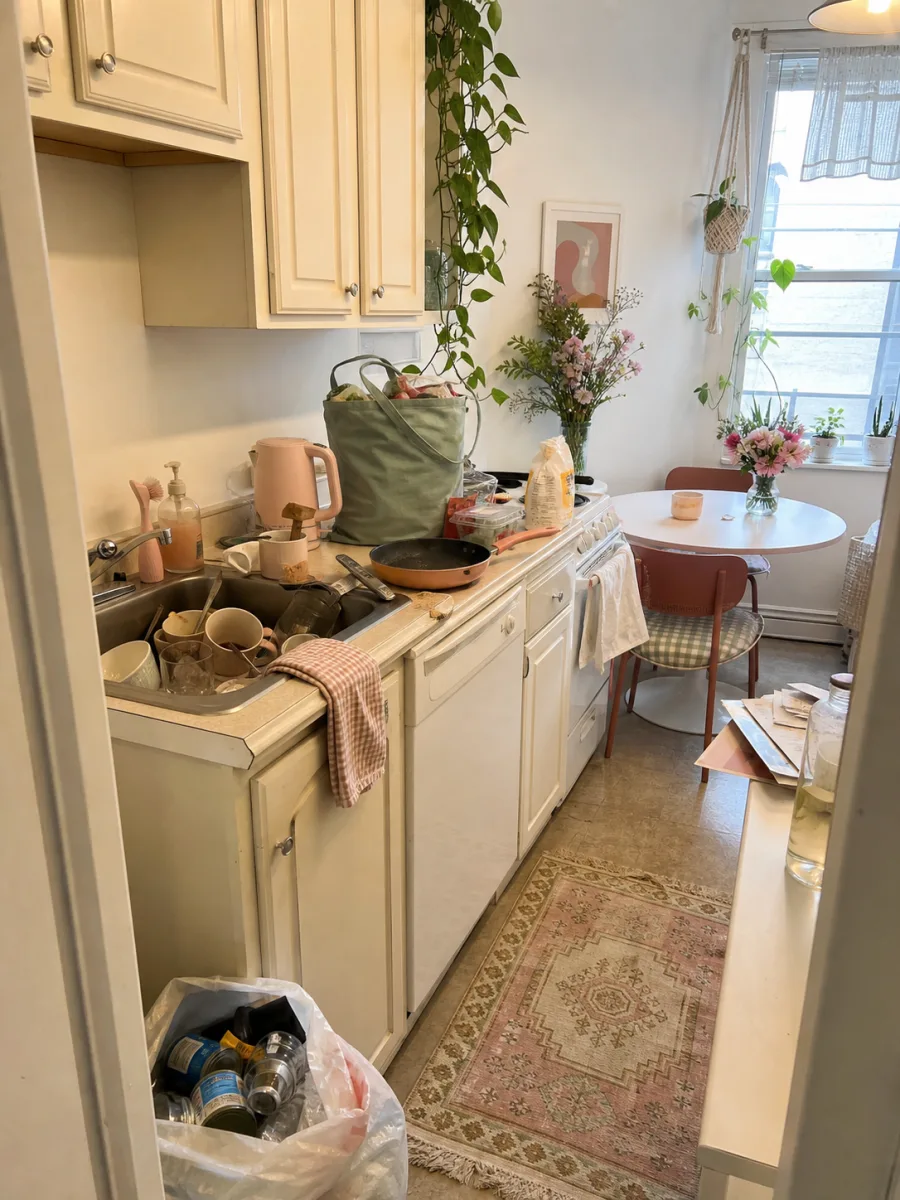 A softly lit, lived-in kitchen with dishes and everyday clutter waiting to be cleaned