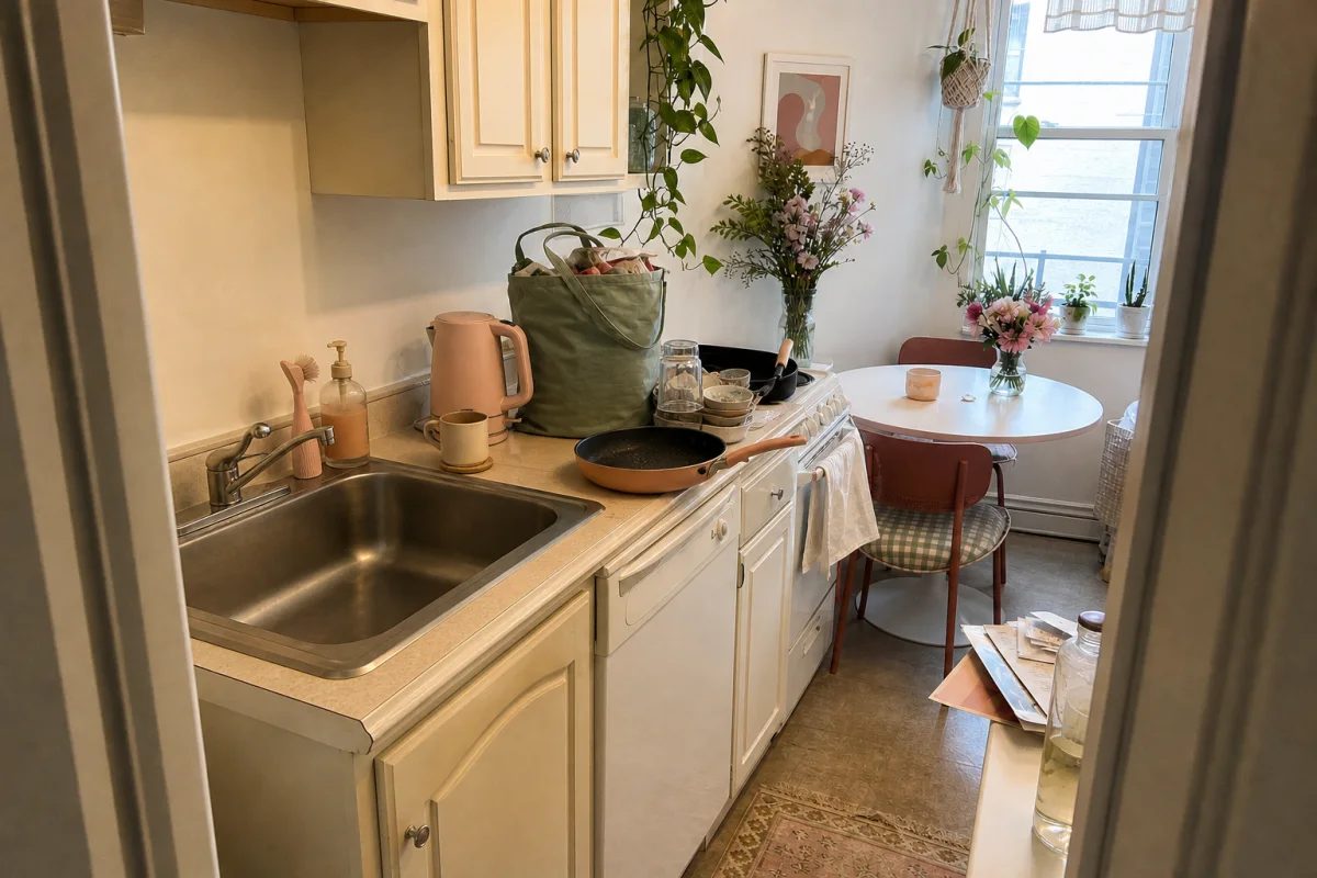 The same kitchen after the sink has been cleared and wiped